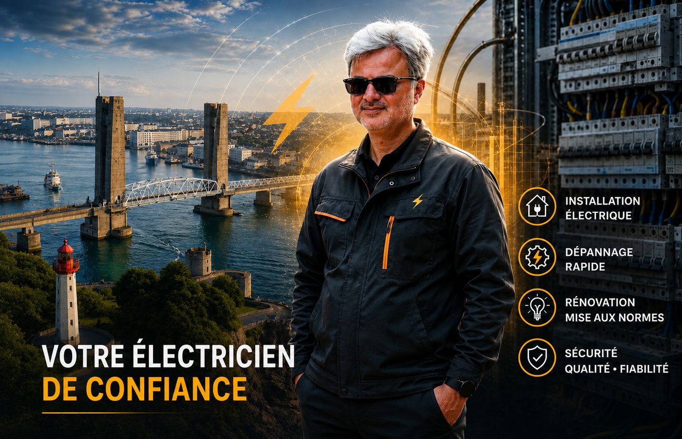 Misagh Bahari, électricien indépendant à Brest, devant un tableau électrique